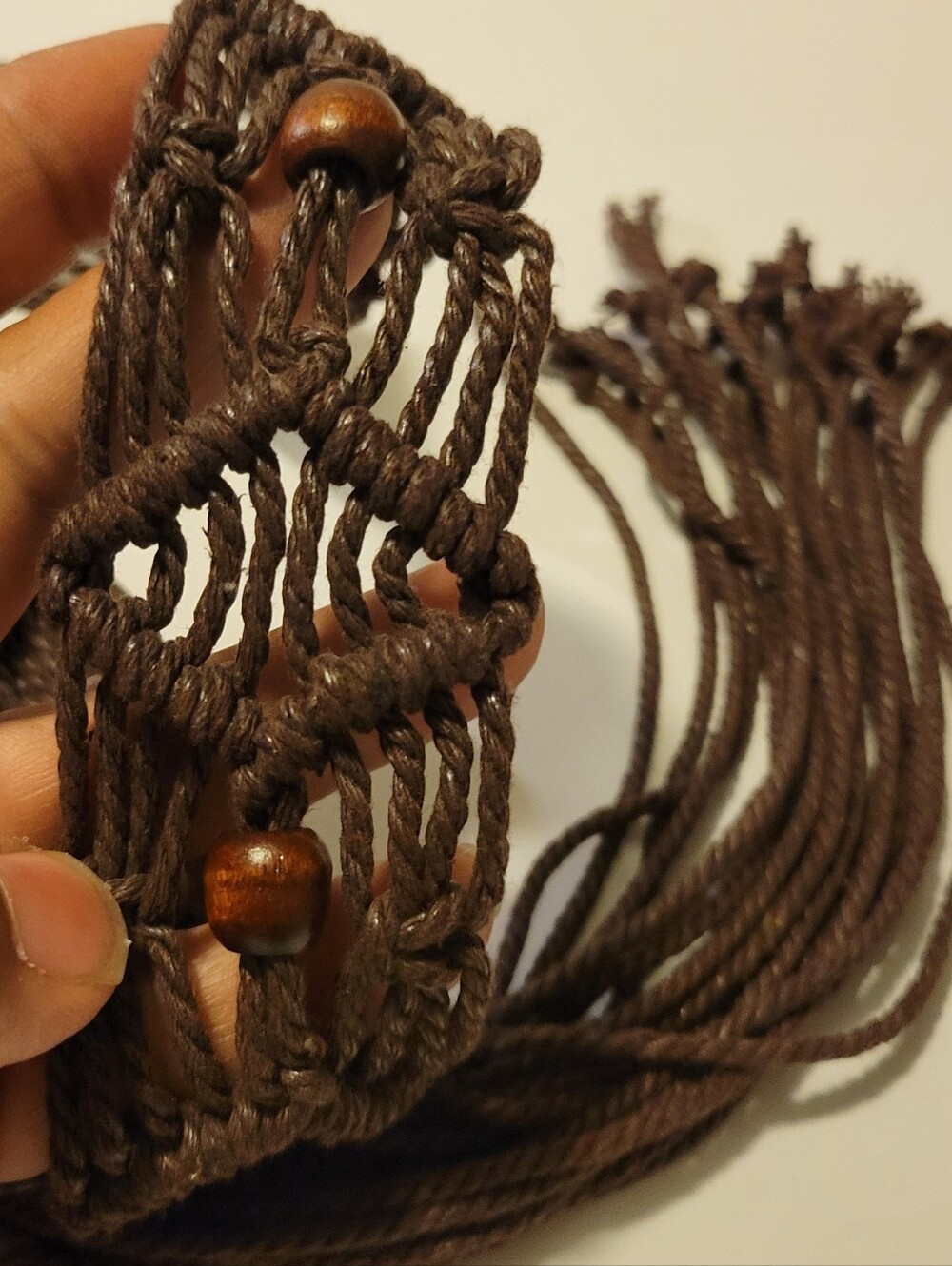 Vintage Brown Woven Tie Up belt with Wood Beads. Hand made macramé belt.
